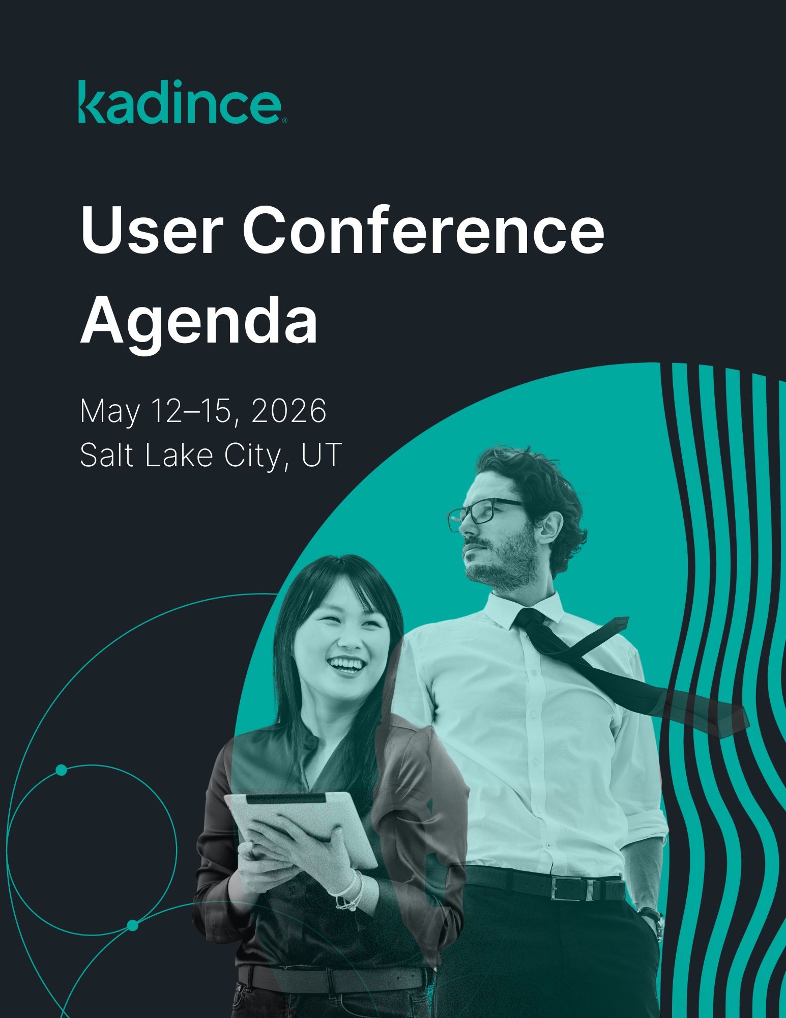 A woman is holding a tablet in front of a red and blue background.